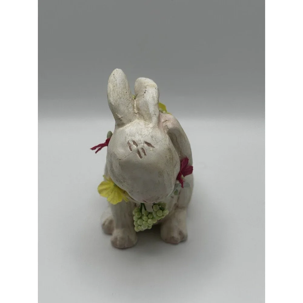 Vintage Bisque Rabbit Figurine w/ Fabric Flowers Sleeping Bunny Easter Decor